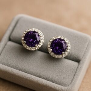 Amethyst CZ 6 mm 925 Sterling Silver Halo Stud Earrings | Push Back NWOT #463